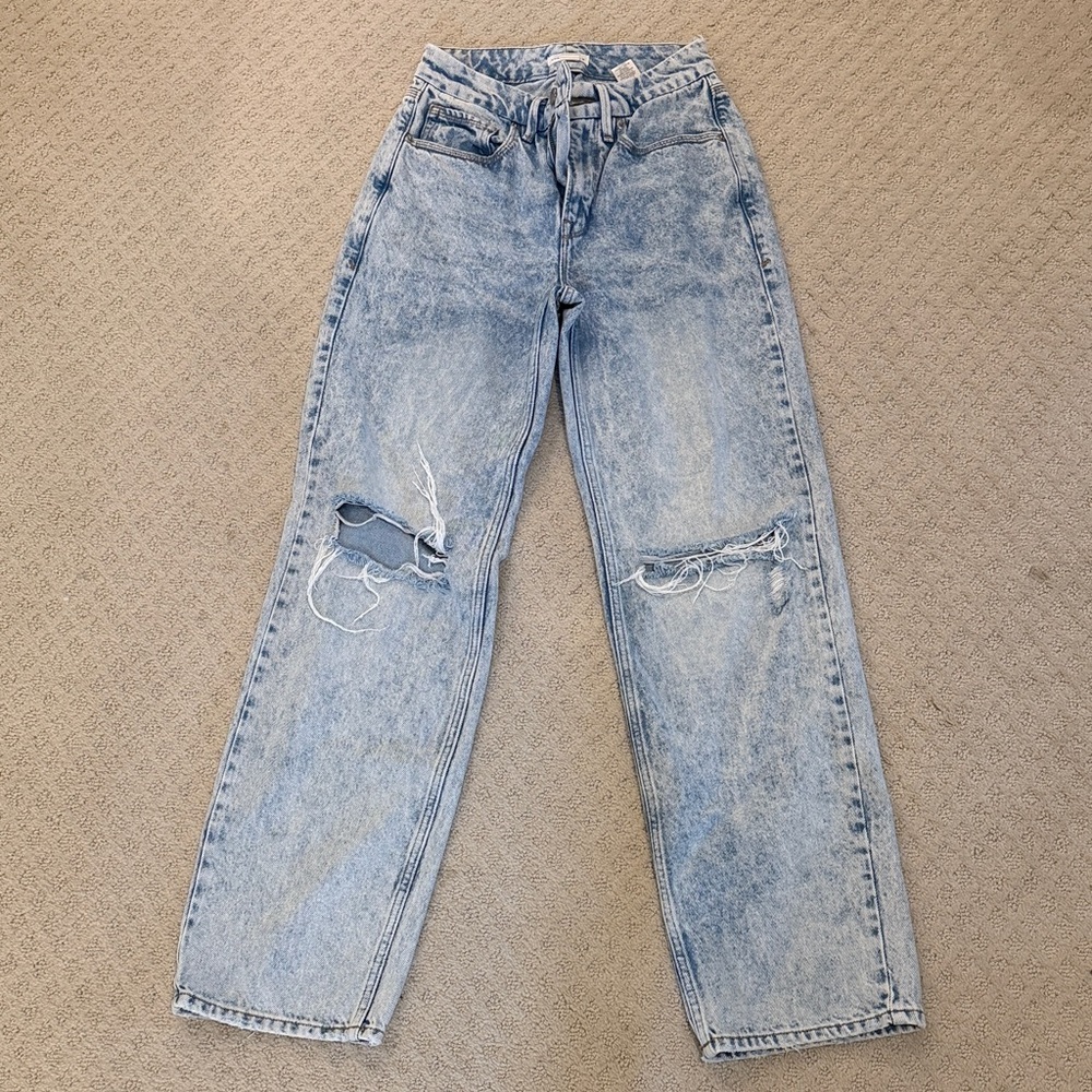 Light Acid-Wash Distressed High-Waist Good American Jeans